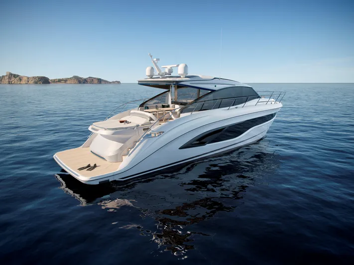  Yacht Photos Pics 2025 Princess V55 Express yacht on calm ocean waters, sleek design, luxury vessel.