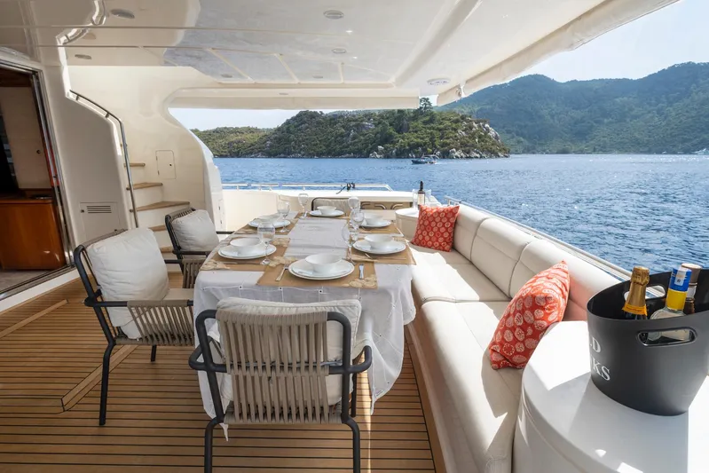 Astarte Yacht Photos Pics Luxurious 2007 Ferretti Yachts 830 with elegant outdoor dining setup and scenic ocean view.