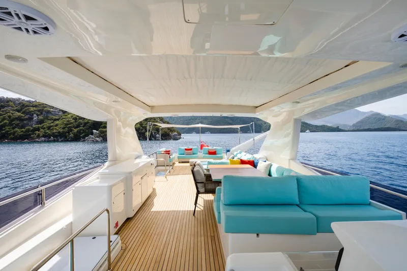 Astarte Yacht Photos Pics Luxurious 2007 Ferretti Yachts 830 with spacious deck, turquoise seating, and scenic ocean view.