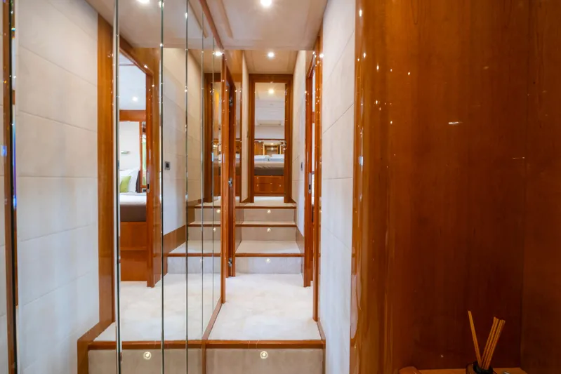 Astarte Yacht Photos Pics Luxurious interior hallway of 2007 Ferretti Yachts 830 with elegant wood finishes.