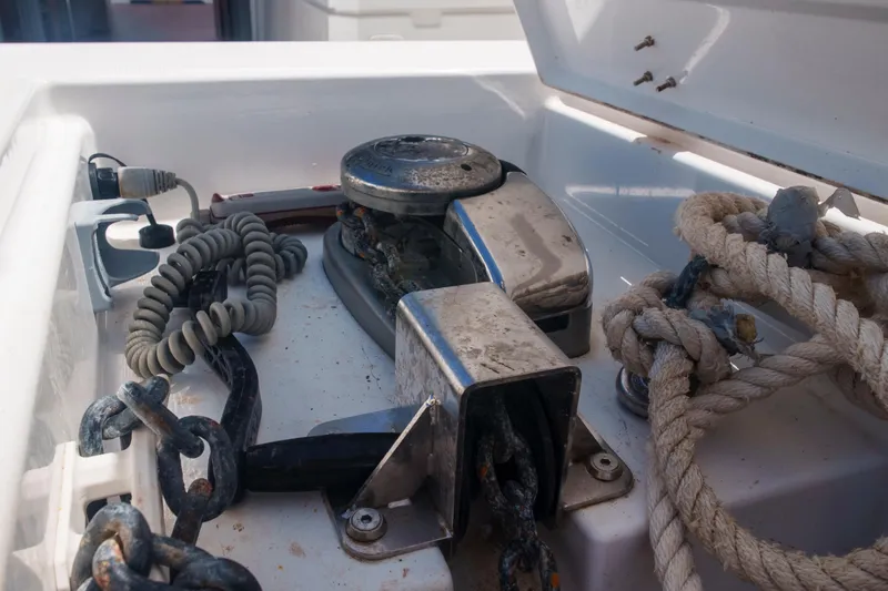 Point Clear Yacht Photos Pics Anchor winch and ropes on a 2023 Bali 4.4 boat deck.