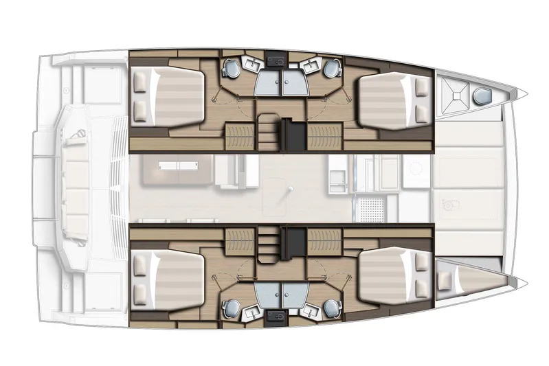 Point Clear Yacht Photos Pics Floor plan of Bali 4.4 catamaran, 2023 model, featuring cabins, bathrooms, and living areas.