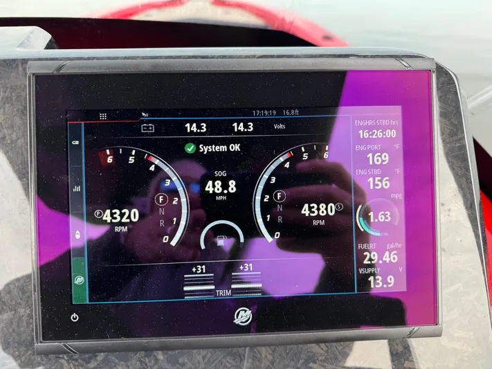  Yacht Photos Pics Dashboard display of a 2024 SuperRib Open 30 showing engine and speed metrics.