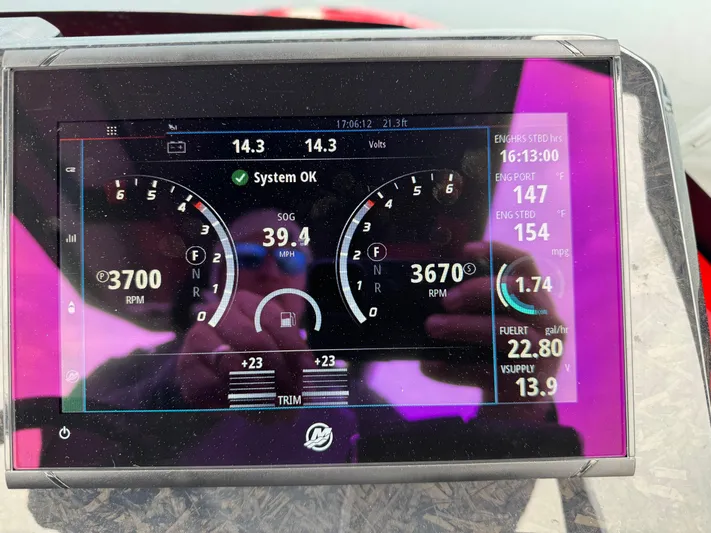  Yacht Photos Pics Dashboard display of 2024 SuperRib Open 30 showing engine performance metrics.