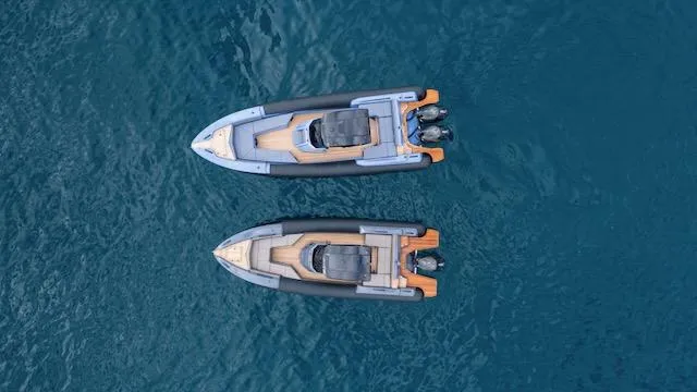  Yacht Photos Pics Two SuperRib Open 30 boats from 2025 on blue water, aerial view.