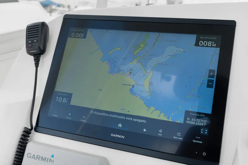  Yacht Photos Pics Garmin marine GPS display on 2004 Intrepid 377 Walkaround boat dashboard.