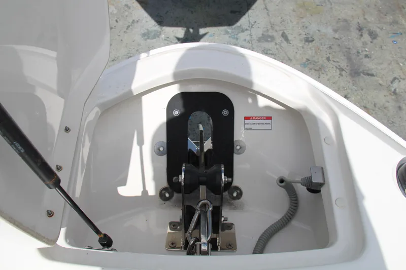  Yacht Photos Pics Anchor compartment of 2019 Sea Ray SLX 400 boat, featuring hydraulic support and wiring.