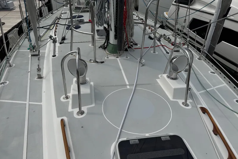 Mara Yacht Photos Pics Deck of a 1998 Able Apogee 50 sailboat with stainless steel fittings.