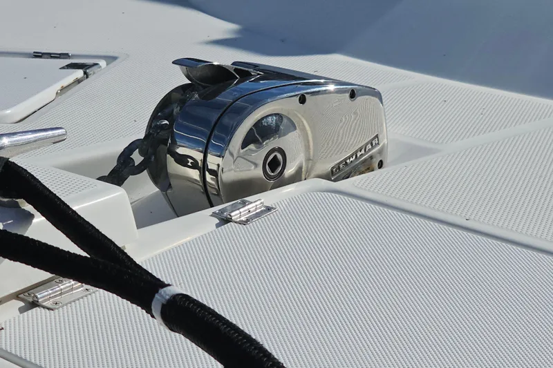 Tuva- B - Lu Yacht Photos Pics Anchor winch on 2015 Cutwater 30 Command Bridge boat deck.