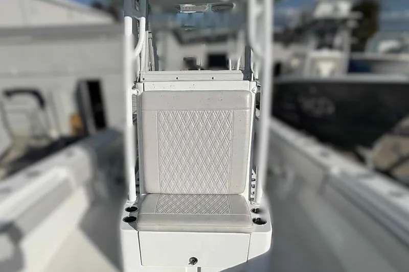 El Viaje Yacht Photos Pics 2023 Andros Offshore 32 boat seat with diamond-patterned upholstery.