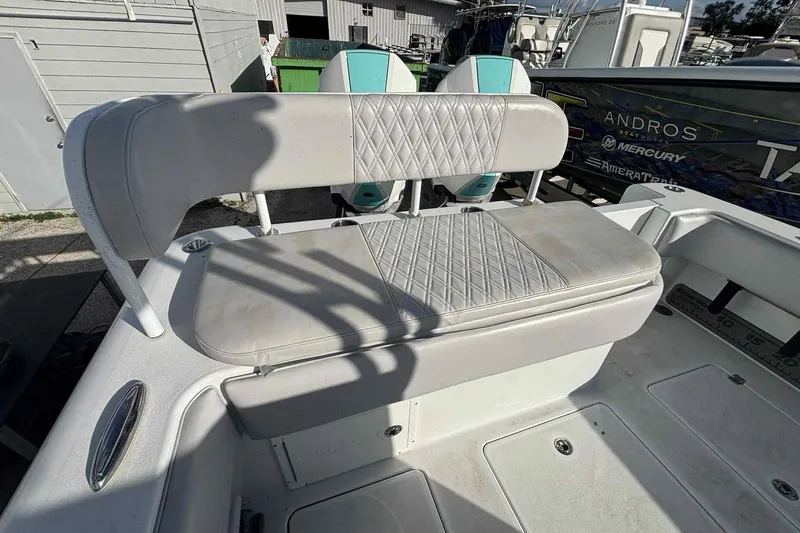 El Viaje Yacht Photos Pics 2023 Andros Offshore 32 boat seat with diamond-pattern upholstery.