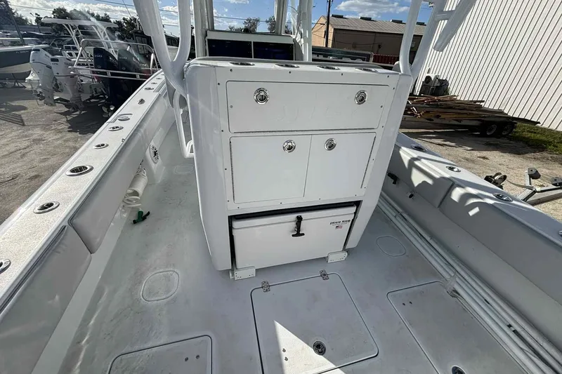 El Viaje Yacht Photos Pics 2023 Andros Offshore 32 boat interior with storage compartments and seating.