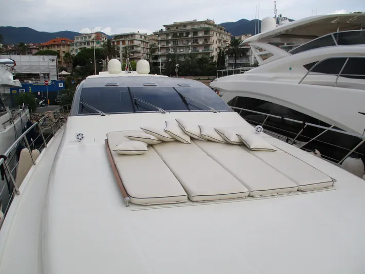Mr Chic Yacht Photos Pics Luxury Riva 84 Cantata yacht, 2001 model, with sunbathing deck in marina setting.