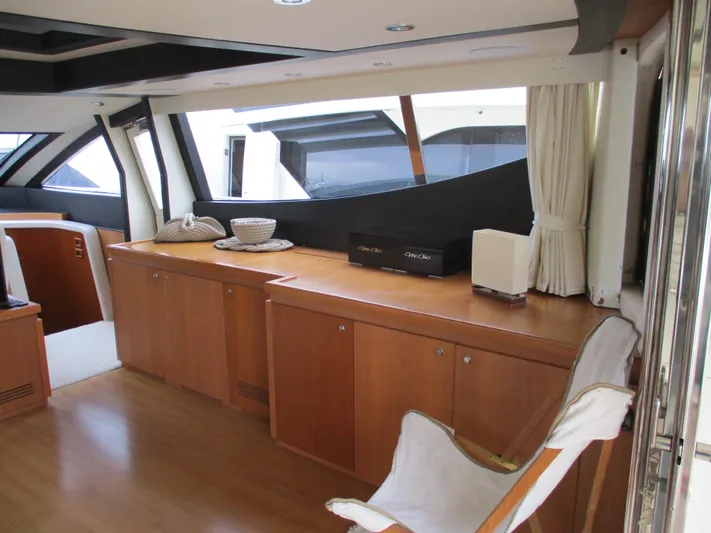Mr Chic Yacht Photos Pics Interior of 2001 Riva 84 Cantata yacht with wooden cabinetry and modern design.