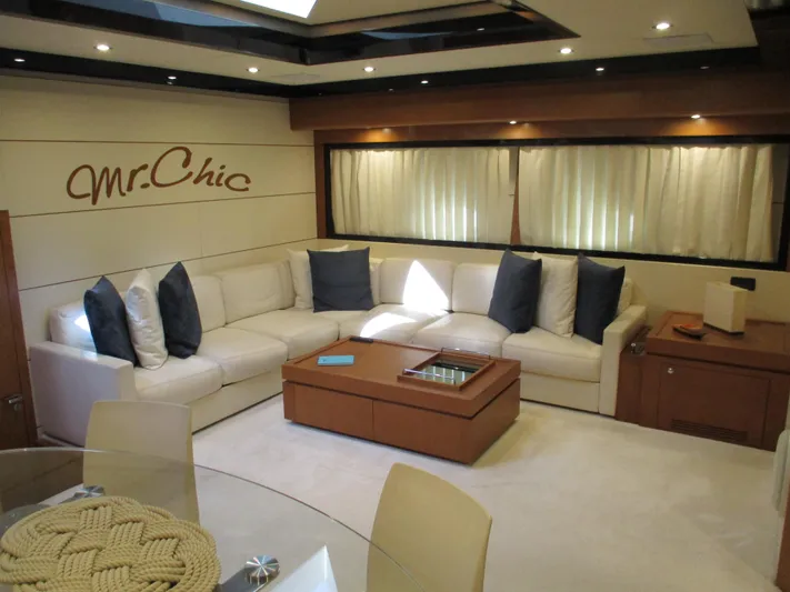 Mr Chic Yacht Photos Pics Luxurious interior of 2001 Riva 84 Cantata yacht with elegant seating and decor.