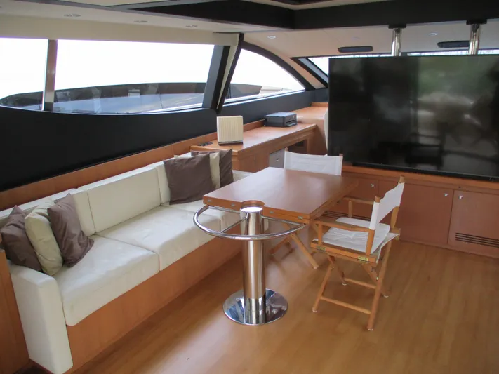 Mr Chic Yacht Photos Pics Luxurious interior of 2001 Riva 84 Cantata yacht with modern seating and large TV.