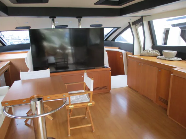 Mr Chic Yacht Photos Pics Interior of 2001 Riva 84 Cantata yacht with modern furnishings and large TV.
