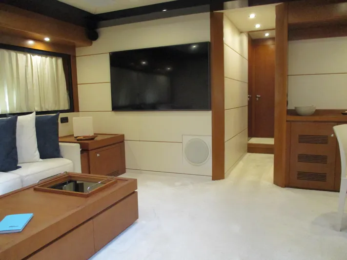 Mr Chic Yacht Photos Pics Luxurious interior of 2001 Riva 84 Cantata yacht with modern furnishings and large TV.