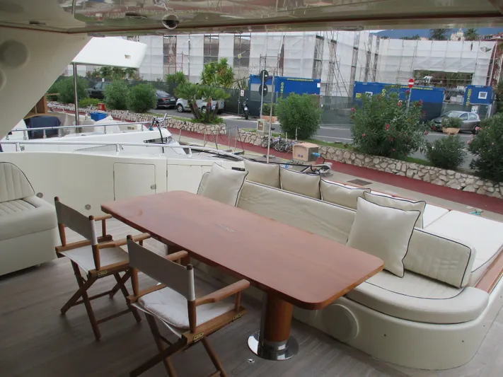 Mr Chic Yacht Photos Pics Luxurious 2001 Riva 84 Cantata yacht deck with elegant seating and dining area.