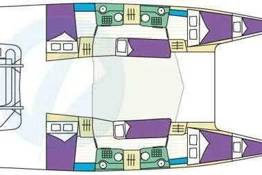  Yacht Photos Pics 2004 Fountaine Pajot Bahia 46 catamaran layout with cabins and living areas.