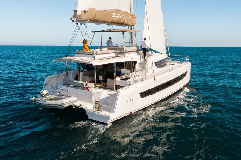  Yacht Photos Pics Sailing catamaran Bali 4.6, 2026 model, cruising on open sea with clear skies.
