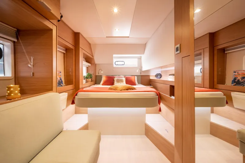  Yacht Photos Pics Luxurious interior of 2026 Bali 4.6 yacht with modern bedroom design.