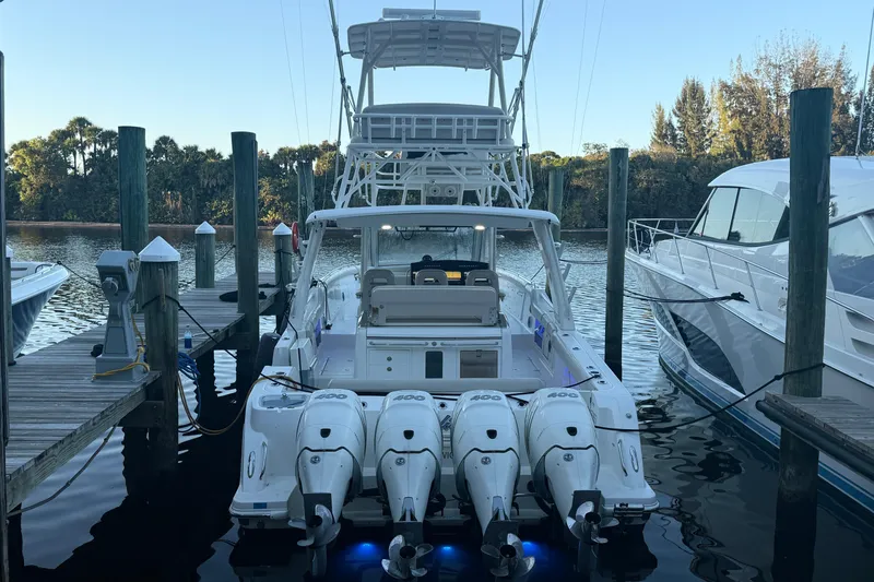  Yacht Photos Pics 2020 Boston Whaler 420 Outrage docked with four powerful engines.