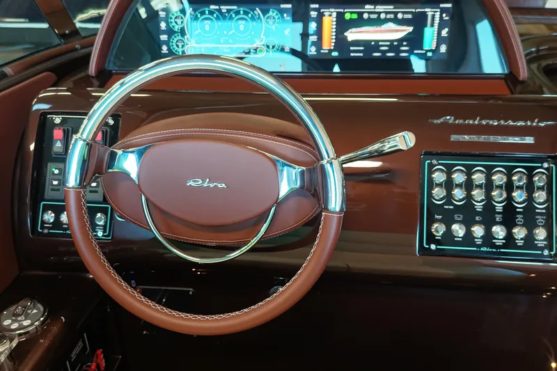 Anniversario No. 7 Of 18 Yacht Photos Pics 2024 Riva Anniversario dashboard with leather steering wheel and advanced digital displays.
