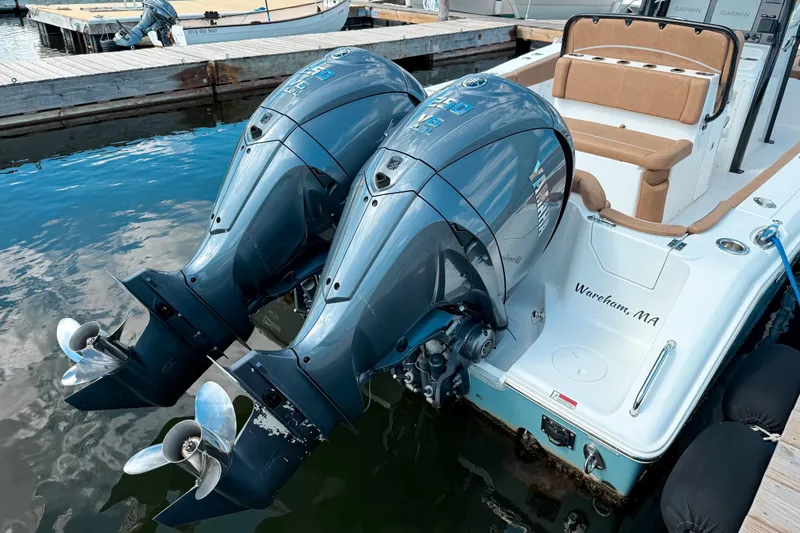  Yacht Photos Pics 2023 Sea Hunt Ultra 275 SE with dual Yamaha outboard motors docked at marina.