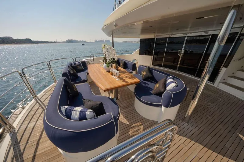  Yacht Photos Pics Luxurious Sunseeker 131 Yacht 2010 with elegant outdoor seating and ocean view.
