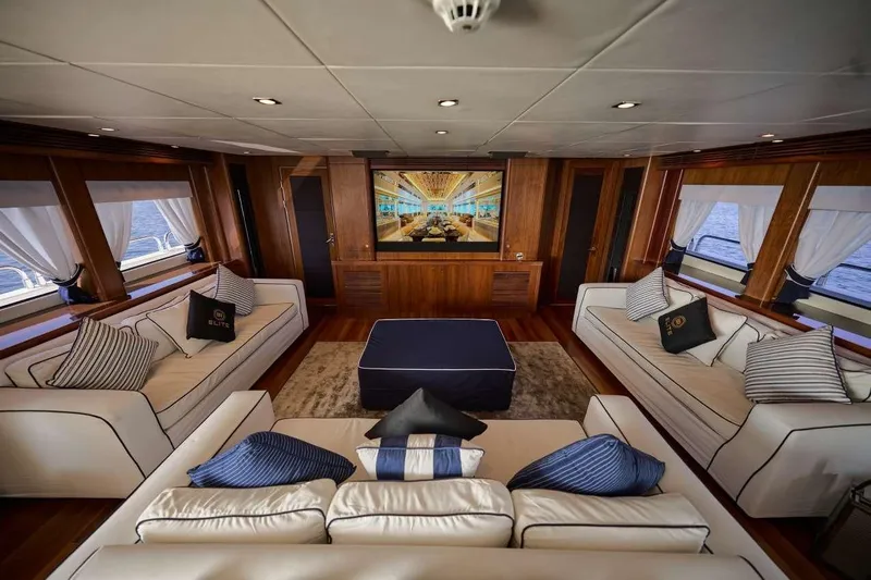  Yacht Photos Pics Luxurious interior of 2010 Sunseeker 131 Yacht with elegant seating and large screen.