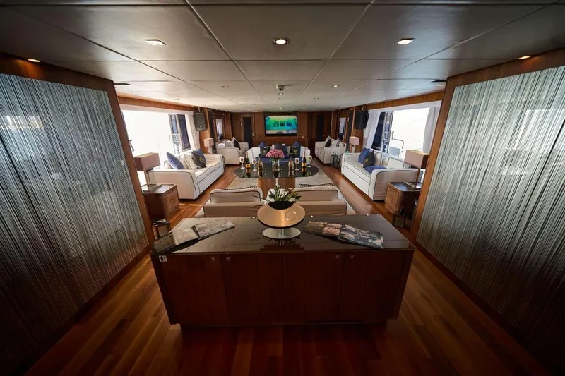  Yacht Photos Pics Luxurious interior of 2010 Sunseeker 131 Yacht with elegant seating and modern decor.