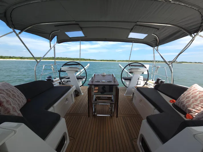 Off-piste Yacht Photos Pics 2019 Beneteau Oceanis 46.1 yacht cockpit with dual steering wheels and seating, overlooking the sea.