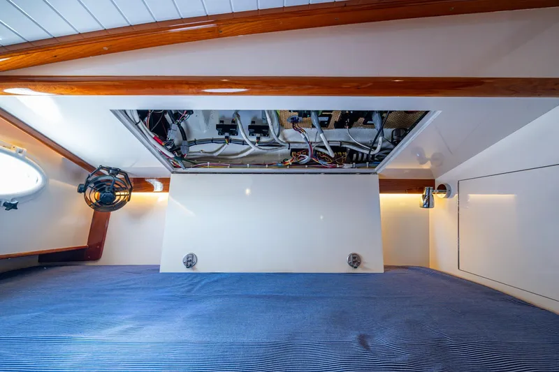 Oldielox 2 Yacht Photos Pics Interior view of 2019 Hinckley T55 MKII Motor Yacht showing cabin ceiling and wiring.