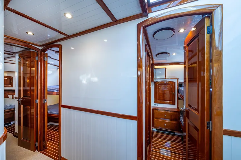 Oldielox 2 Yacht Photos Pics Luxurious interior of 2019 Hinckley T55 MKII Motor Yacht with polished wood finishes.