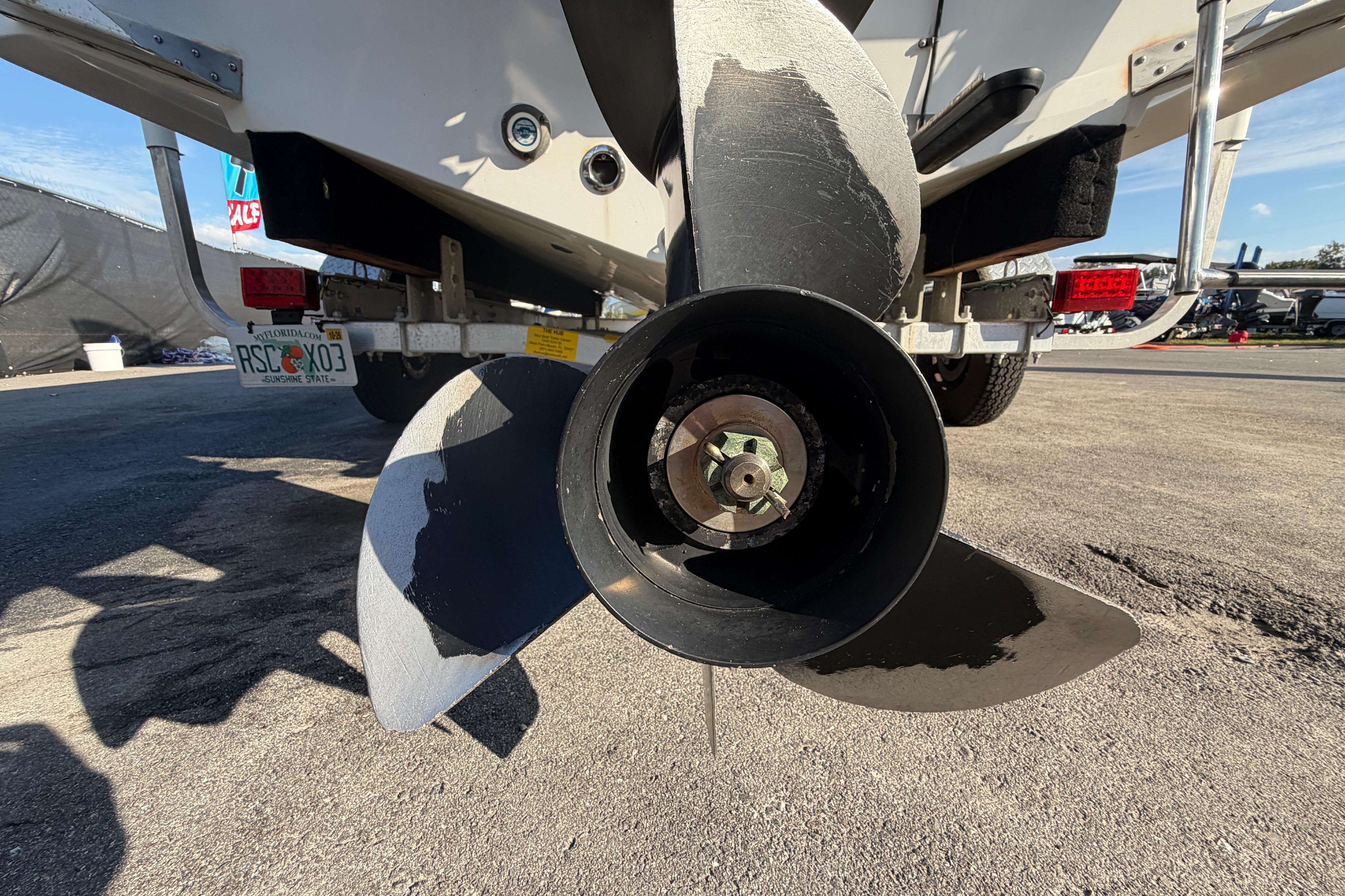 Rear view of a 2019 Release 208RX boat propeller on a trailer.