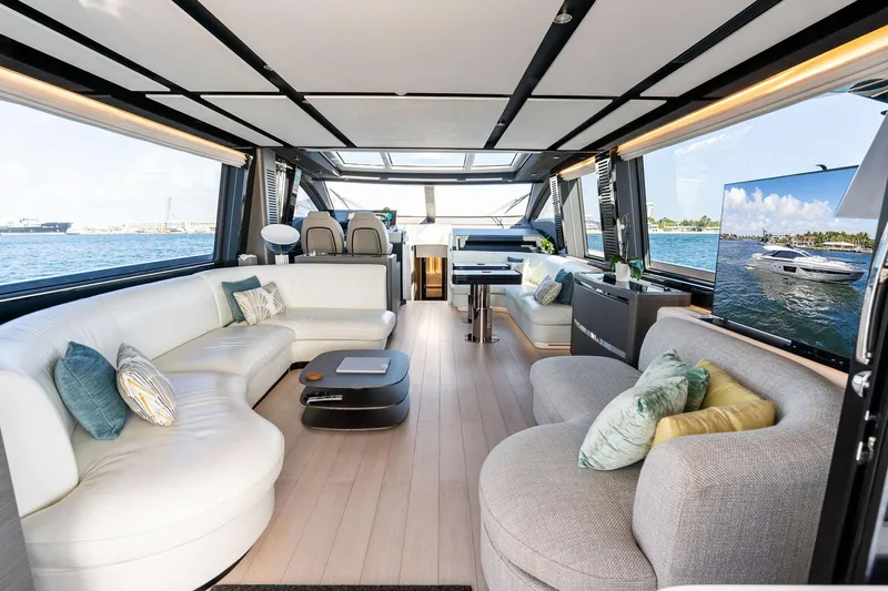 Yesenia Yacht Photos Pics Luxurious interior of 2024 Azimut S8 yacht with modern seating and panoramic views.