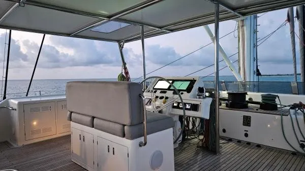 Little Giant Yacht Photos Pics Helm of 2017 Sunreef 88 DD yacht with ocean view at sunset.