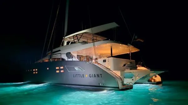 Little Giant Yacht Photos Pics Luxurious Sunreef 88 DD yacht "Little Giant" illuminated at night, 2017 model.
