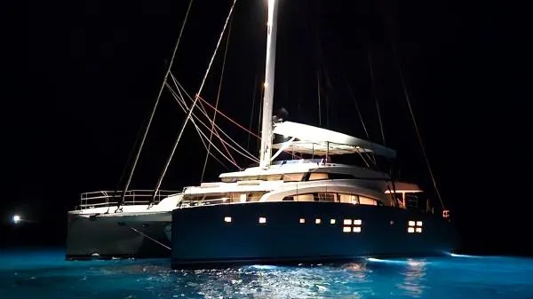 Little Giant Yacht Photos Pics Luxurious Sunreef 88 DD yacht illuminated at night, 2017 model.
