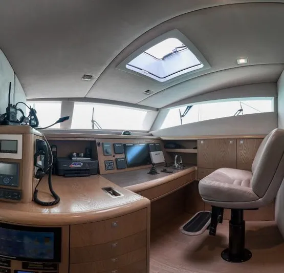 Little Giant Yacht Photos Pics Interior of Sunreef 88 DD yacht, 2017 model, featuring modern helm station.