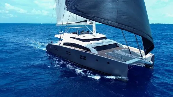 Little Giant Yacht Photos Pics Luxury Sunreef 88 DD yacht sailing on open ocean, 2017 model.