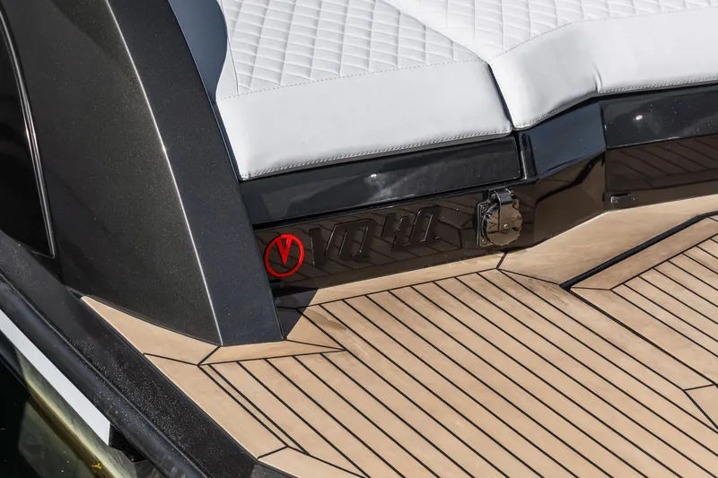  Yacht Photos Pics 2024 Vanquish Yachts 40, luxury yacht deck with sleek design and cushioned seating.