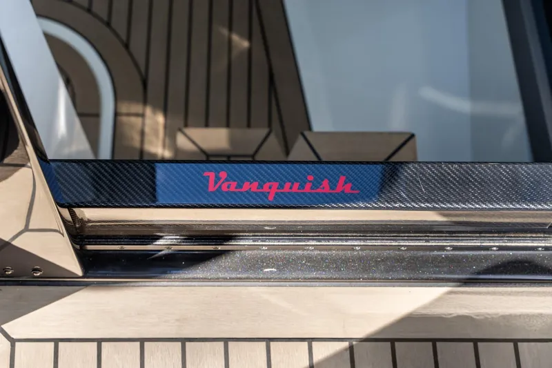 Yacht Photos Pics Vanquish Yachts 2024 model 40 logo on sleek yacht deck.