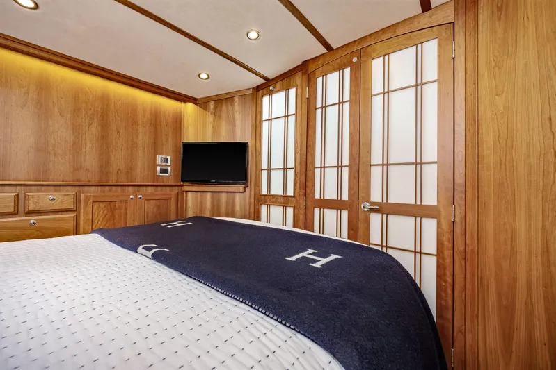 Second Rodeo Yacht Photos Pics Luxurious 2018 Sabre 48 Salon Express cabin with wood paneling and modern amenities.