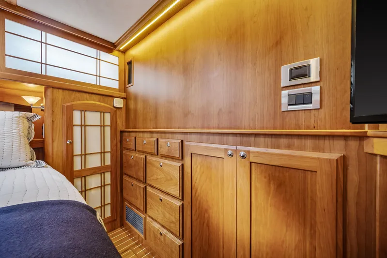 Second Rodeo Yacht Photos Pics Luxurious wood interior of 2018 Sabre 48 Salon Express yacht cabin.