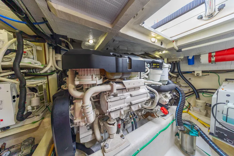 Second Rodeo Yacht Photos Pics Engine room of 2018 Sabre 48 Salon Express yacht, showcasing detailed machinery and components.