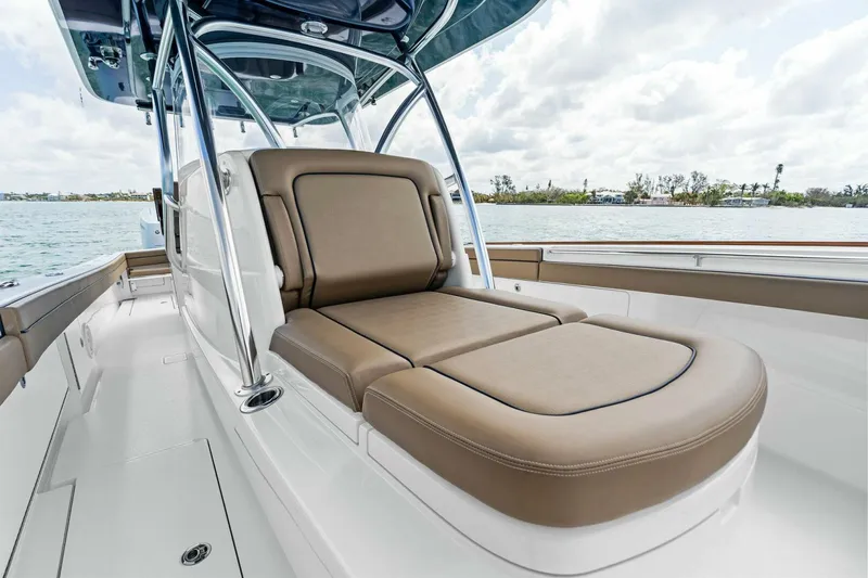 Galati Yacht Sales Trade Yacht Photos Pics 2024 Valhalla Boatworks V-37 with luxurious seating on deck, ocean view.