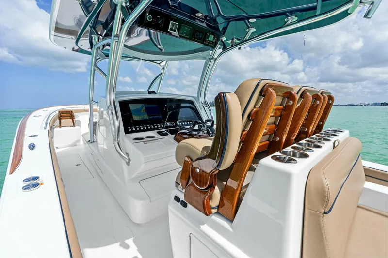 Galati Yacht Sales Trade Yacht Photos Pics 2024 Valhalla Boatworks V-37 interior with luxurious seating and advanced navigation system.