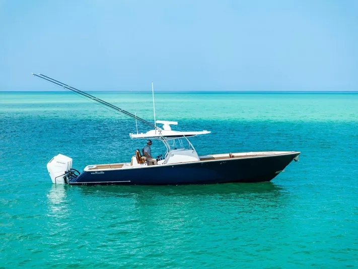 Galati Yacht Sales Trade Yacht Photos Pics 2024 Valhalla Boatworks V-37 in turquoise ocean, showcasing sleek design and modern features.
